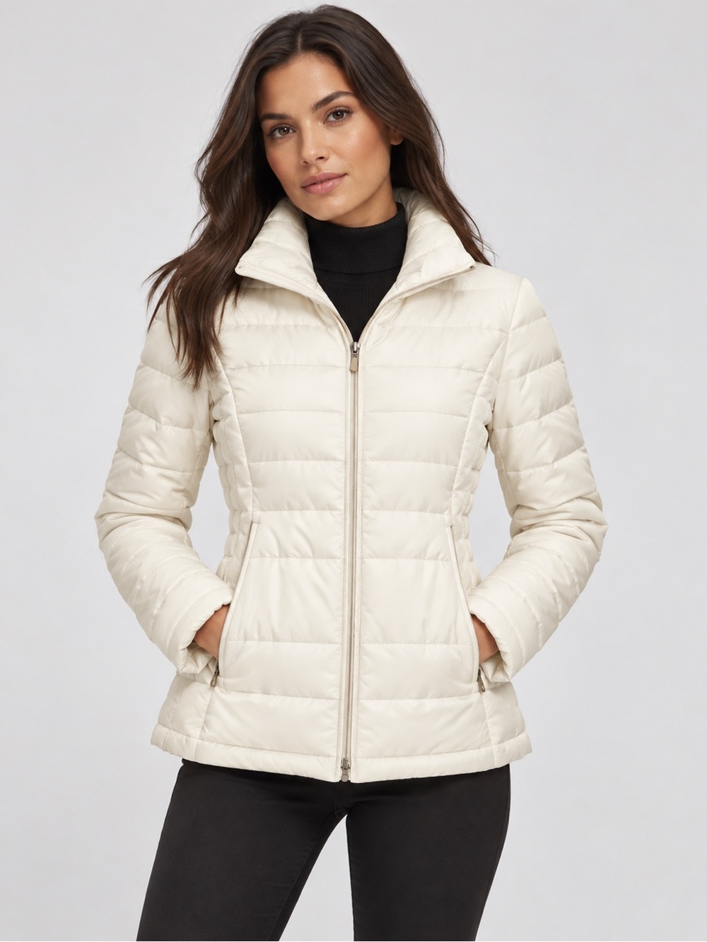 Kenneth Cole Reaction Ivory Down Puffer Jacket Women’s M Fit & Flare